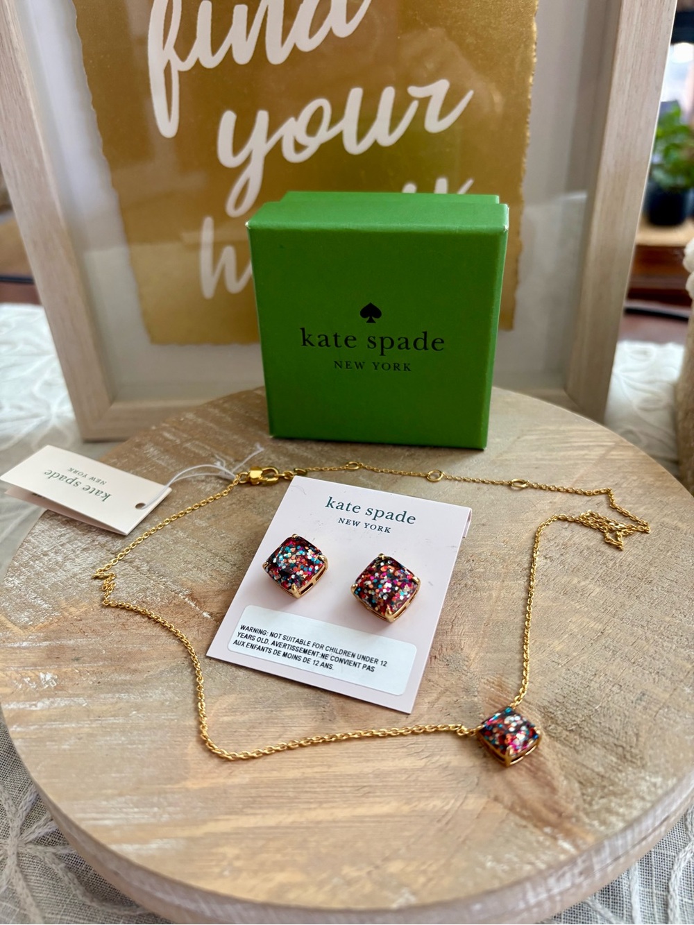 BNWT Rare Kate Spade Glitter Crystal Square Necklace & Stud Earrings Set